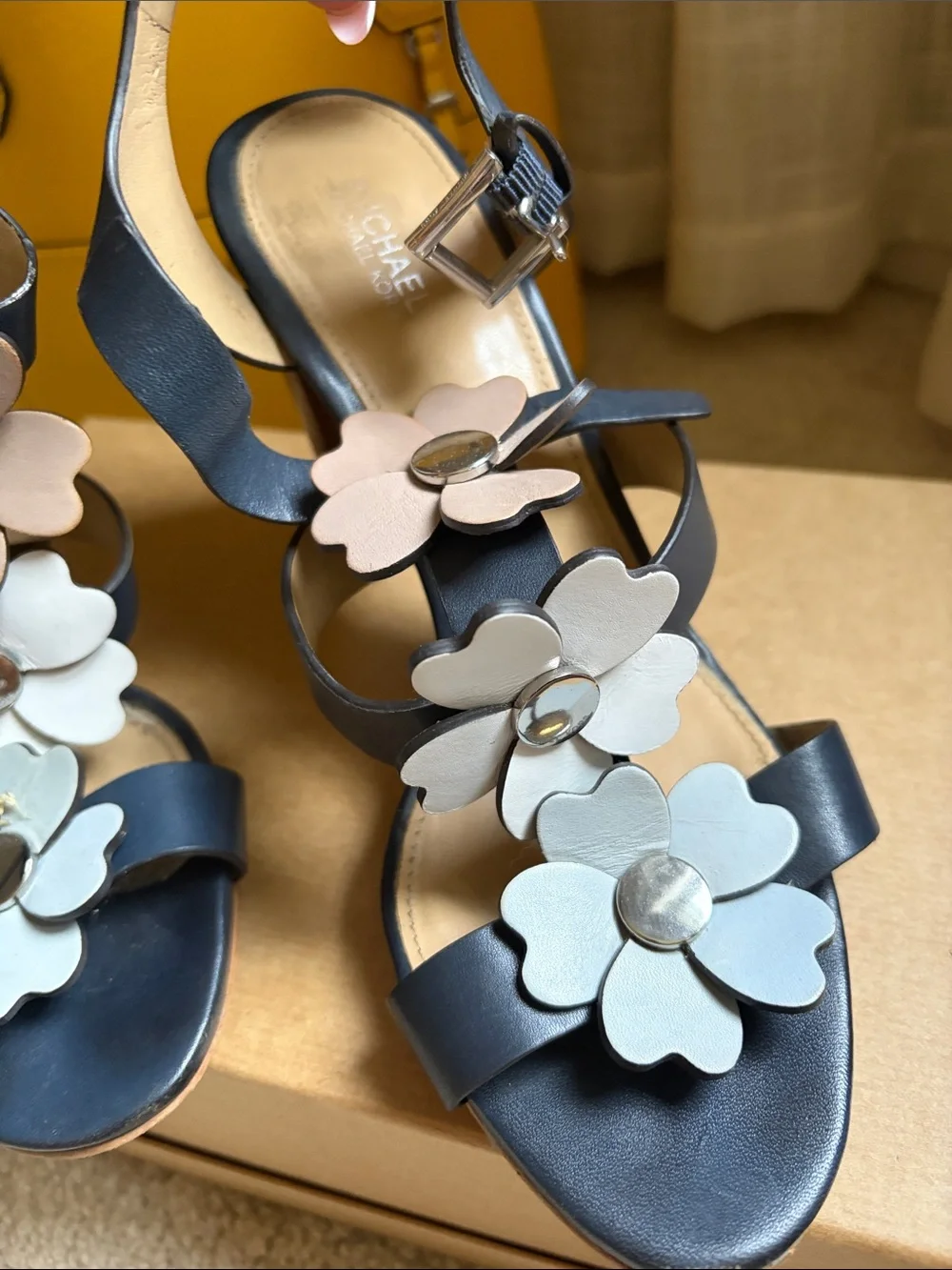 Michael Kors Navy Leather Floral Strappy Slingback Sandals